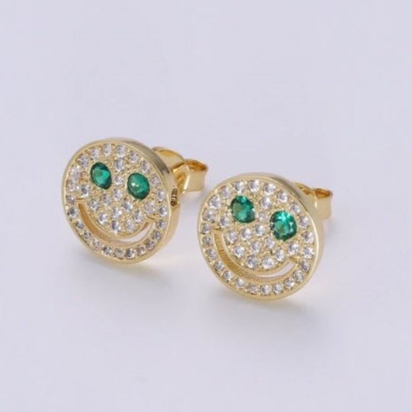 CZ Smile Face Earrings - gold and green - Picture 2 of 4